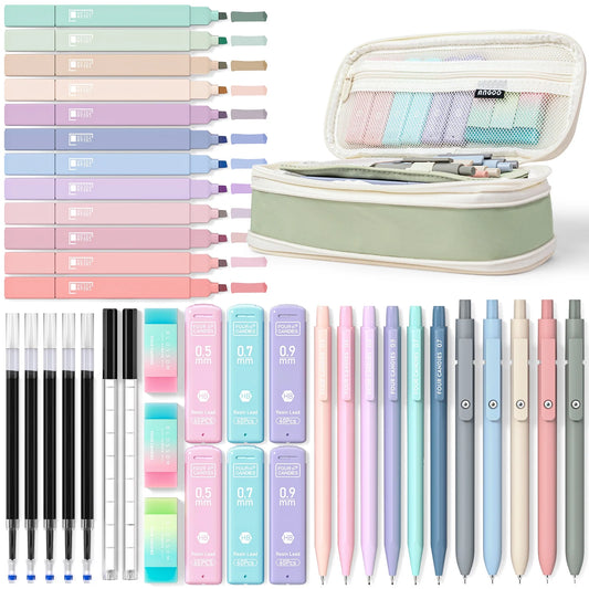 39 PCS, 12 Highlighters, 5 Black Gel Pens, 6 Mechanical Pencil Set 0.5 & 0.7 Mm for Stationary College Essentials (Green)