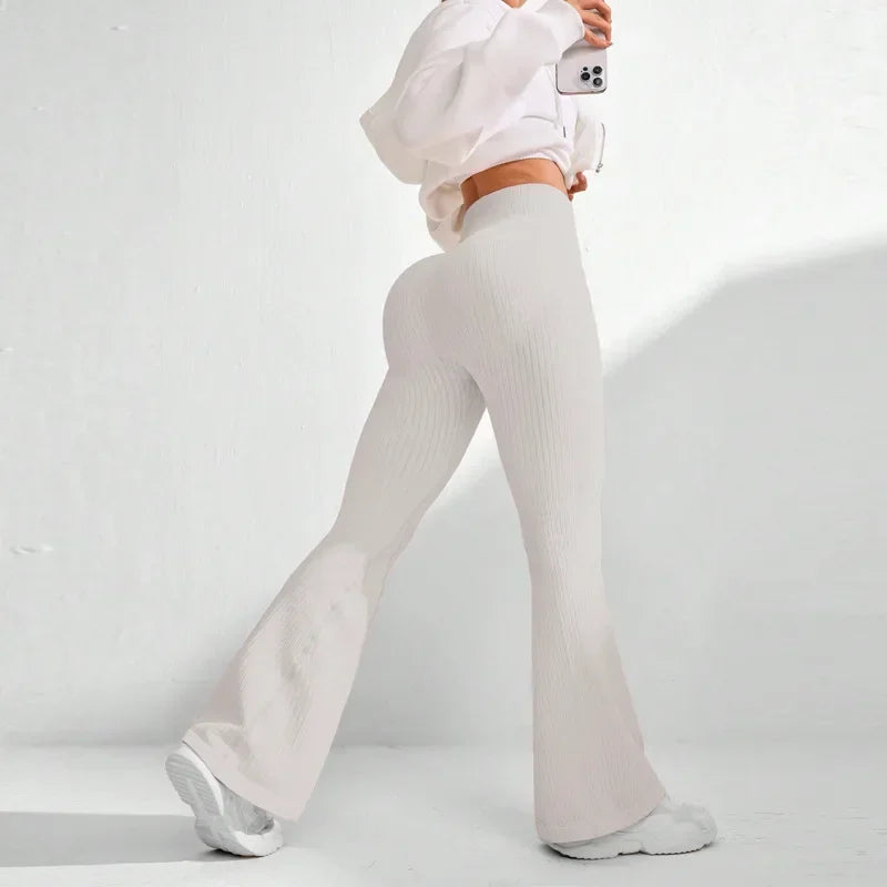 Seamless High Waist Yoga Flared Pants Textured Ribbed Design Tummy Control Fitness Workout Stretchy Bootcut Leggings Comfort