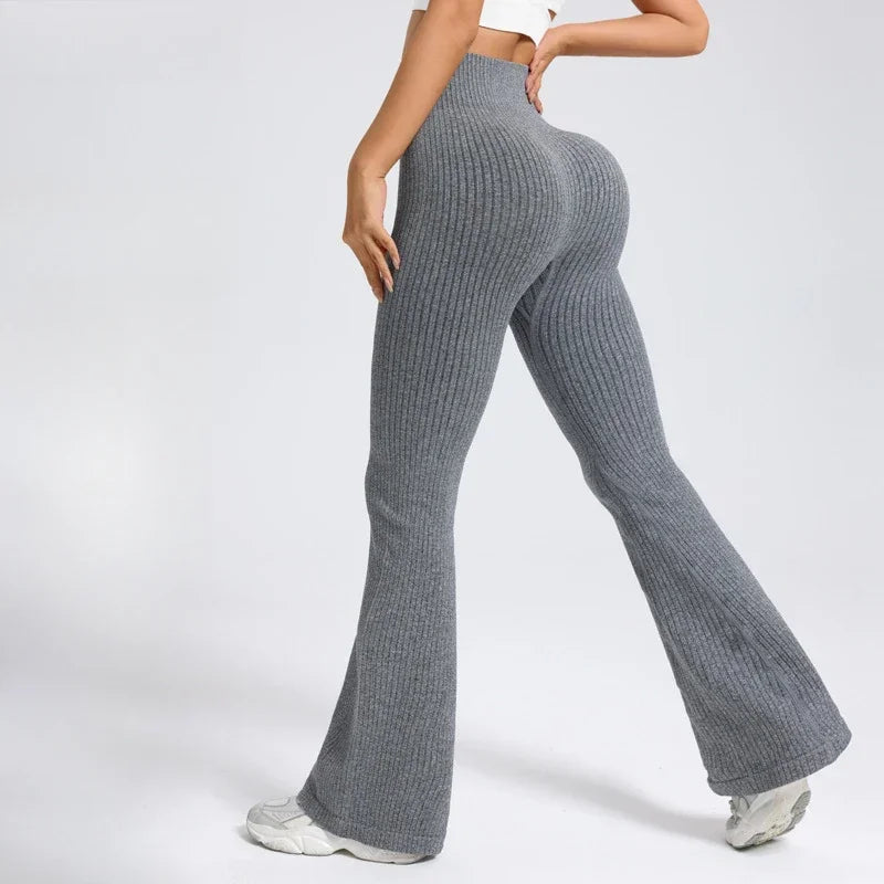 Seamless High Waist Yoga Flared Pants Textured Ribbed Design Tummy Control Fitness Workout Stretchy Bootcut Leggings Comfort