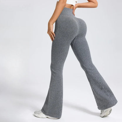 Seamless High Waist Yoga Flared Pants Textured Ribbed Design Tummy Control Fitness Workout Stretchy Bootcut Leggings Comfort