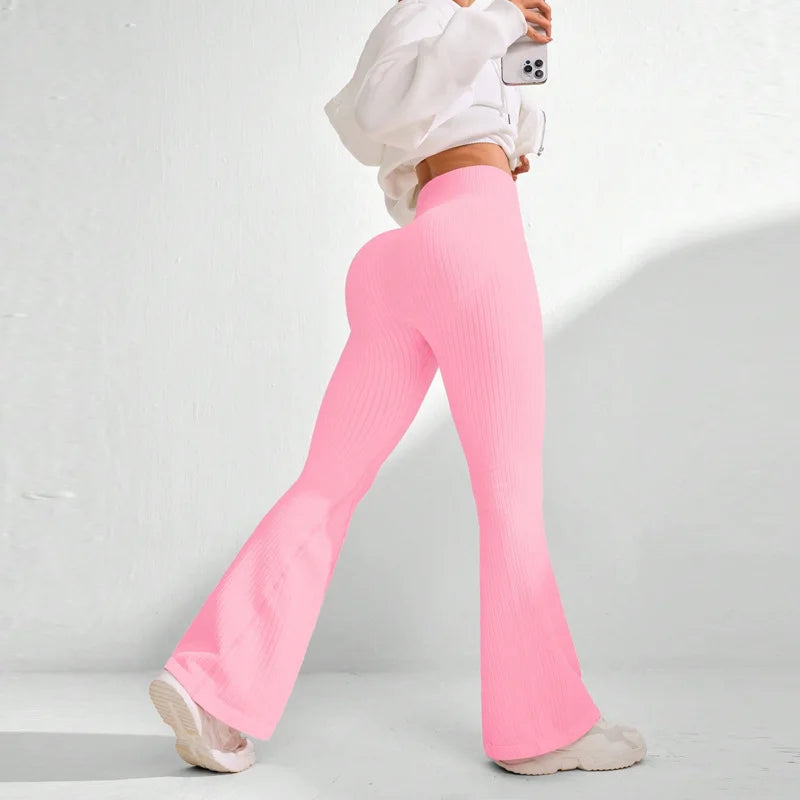 Seamless High Waist Yoga Flared Pants Textured Ribbed Design Tummy Control Fitness Workout Stretchy Bootcut Leggings Comfort