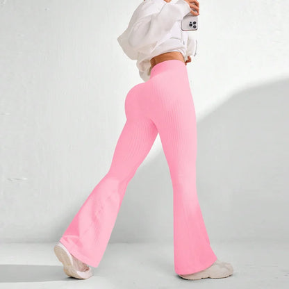 Seamless High Waist Yoga Flared Pants Textured Ribbed Design Tummy Control Fitness Workout Stretchy Bootcut Leggings Comfort